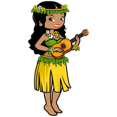 Hawaii 'li bir hula kadını, gitarıyla çim eteği ve egzotik çiçeklerle müzik çalıyor. Müzikli Hawaii 'li Luau partisi kadını. Vektör illüstrasyonu