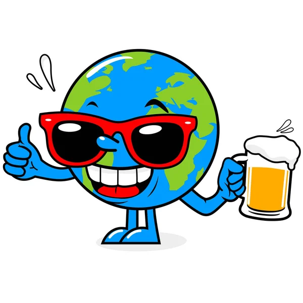 Vector Illustration Cartoon Planet Earth Character Wearing Sunglasses Drinking Beer — Stock Vector