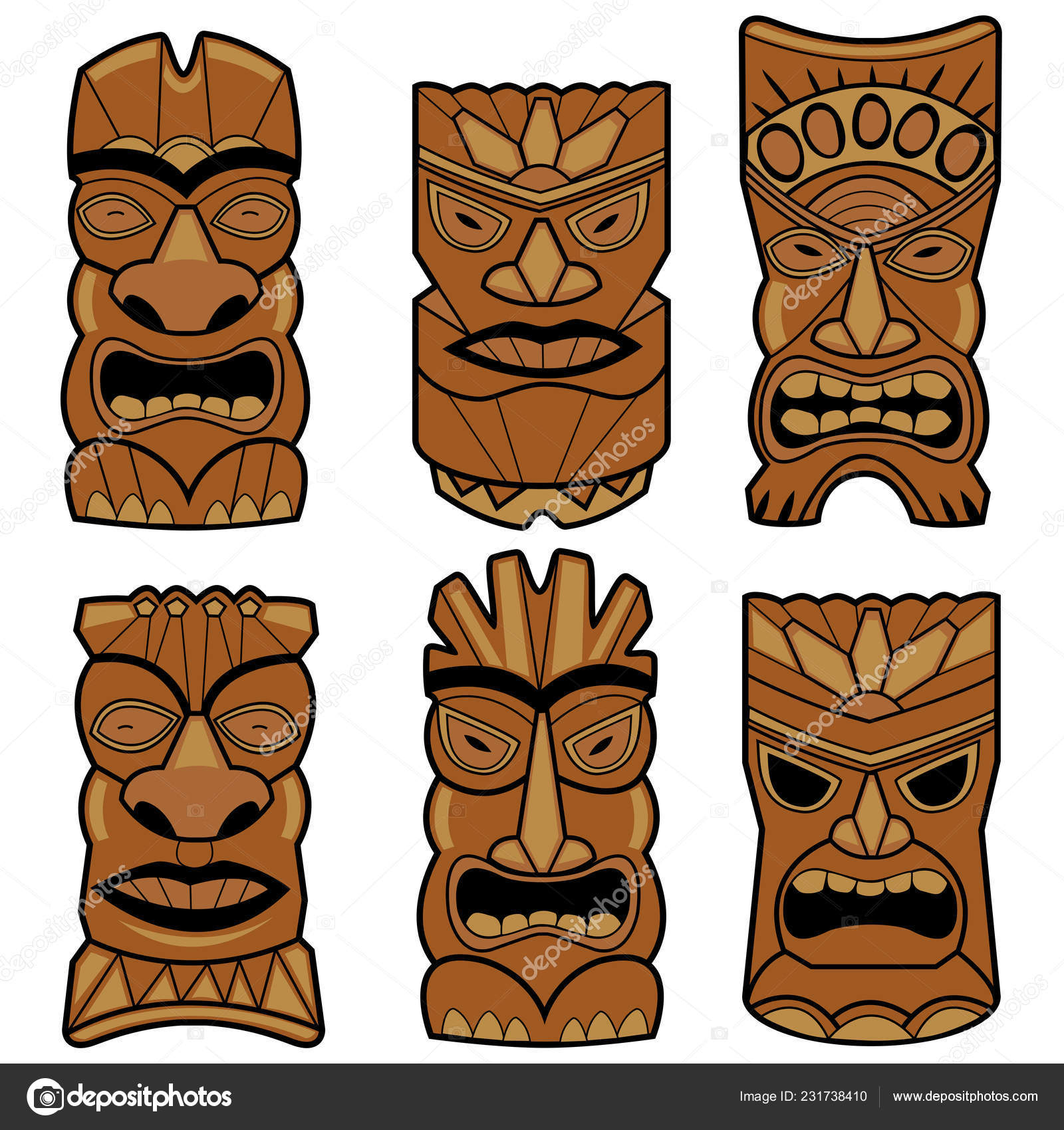 Hawaiian tiki estatua máscaras conjunto Vector de stock #231738410 de  ©stockakia, image size:1600x1700