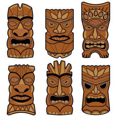 Hawaiian tiki statue masks set clipart