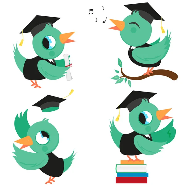 Conjunto Ilustración Vectorial Pájaros Lindos Batas Sombreros Graduación — Archivo Imágenes Vectoriales