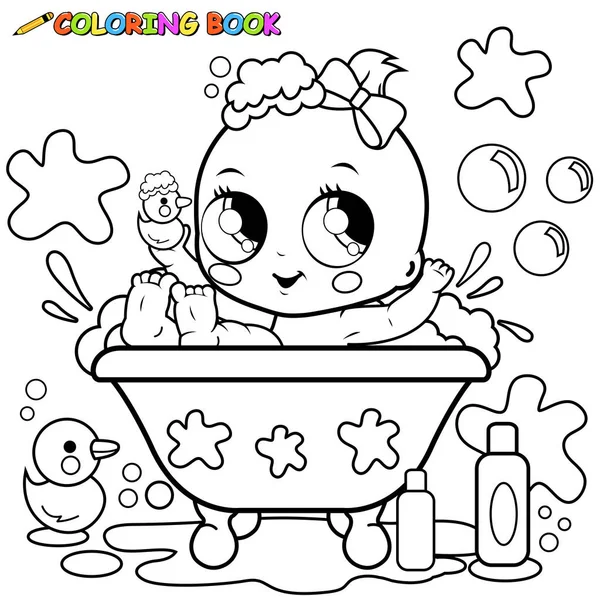 Baby girl taking a bath. Black and white coloring book page — Stock Vector