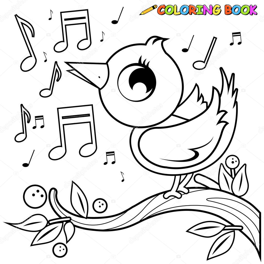 Cute bird on branch singing. Black and white coloring book page 