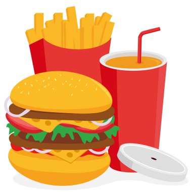 Hamburger, kızarmış patates ve içecek. Fast food menüsü hazır. Hamburger, patates cipsi ve soda. Vektör illüstrasyonu.