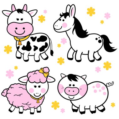 Şirin ve komik çiftlik hayvanları koleksiyonu. Bir inek, bir at, bir koyun ve bir domuz. Sevimli çizgi film hayvanları. Vektör illüstrasyonu.