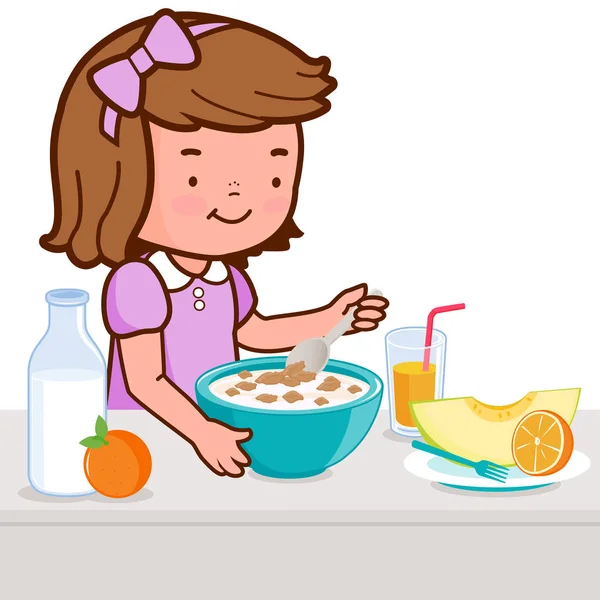 Girl Having Her Breakfast Cereal Milk Juice Fruits — Stock Vector