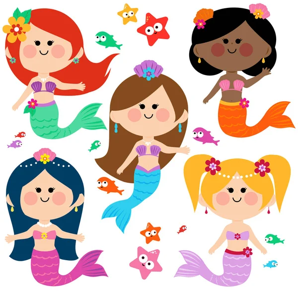 Vector Lindo Colorido Sirena Princesas Peces Estrellas Mar — Vector de stock