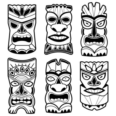 Hawaii tiki heykel maskeleri. Polinezya ahşap heykelleri, Hawaii kabile totemleri. Siyah ve beyaz vektör çizimi