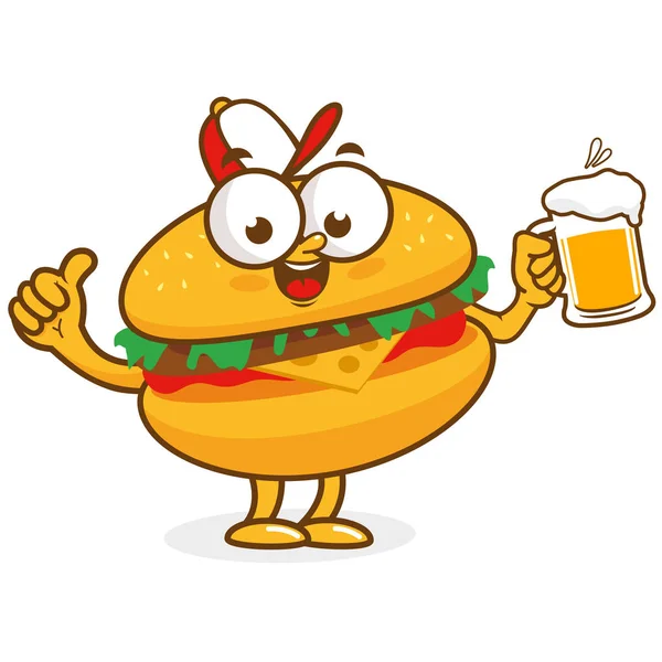 Karakter Kartun Hamburger Minum Bir Ilustrasi Vektor - Stok Vektor