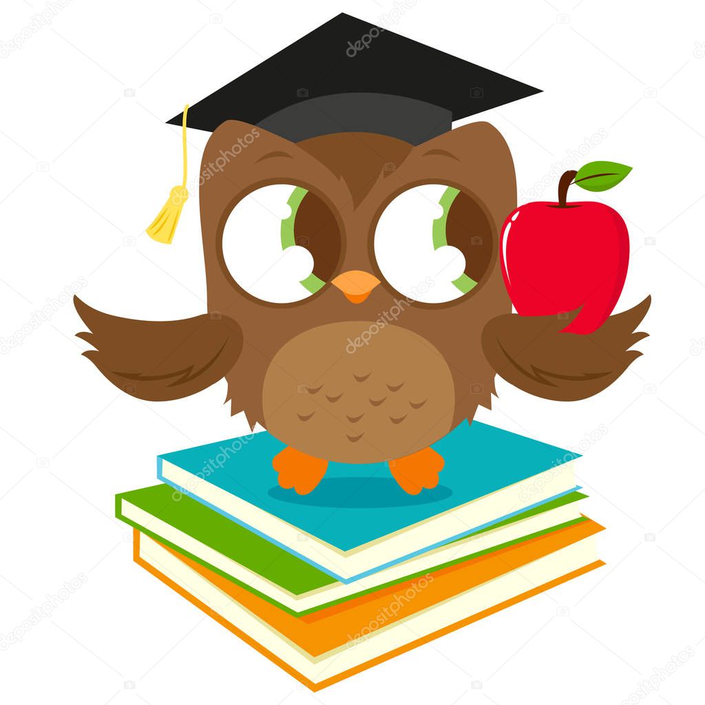 Vector illustration of a cute owl wearing a mortarboard hat, sitting on a stack of books and holding a red apple. 