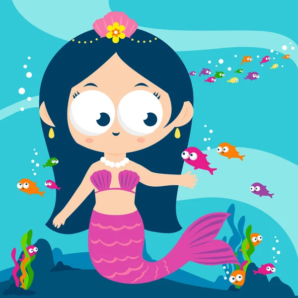 Vector Ilustración Una Linda Princesa Sirena Jugando Con Los Peces — Vector de stock