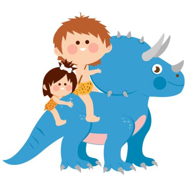 Mağara adamları, bir oğlan ve bir kız triceratops dinozoruna biniyor. Taş devrinde çocuklar ve dinozorlar çizgi filmdeydi. Vektör illüstrasyonu