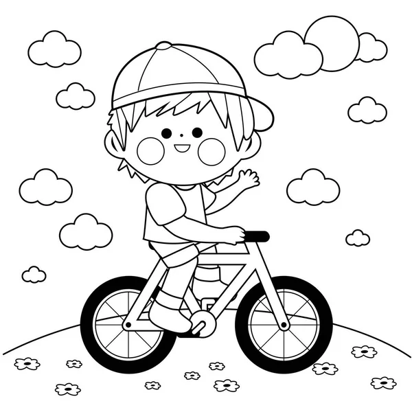 Un chico montando en bicicleta en el parque. Libro para colorear en blanco y negro — Vector de stock