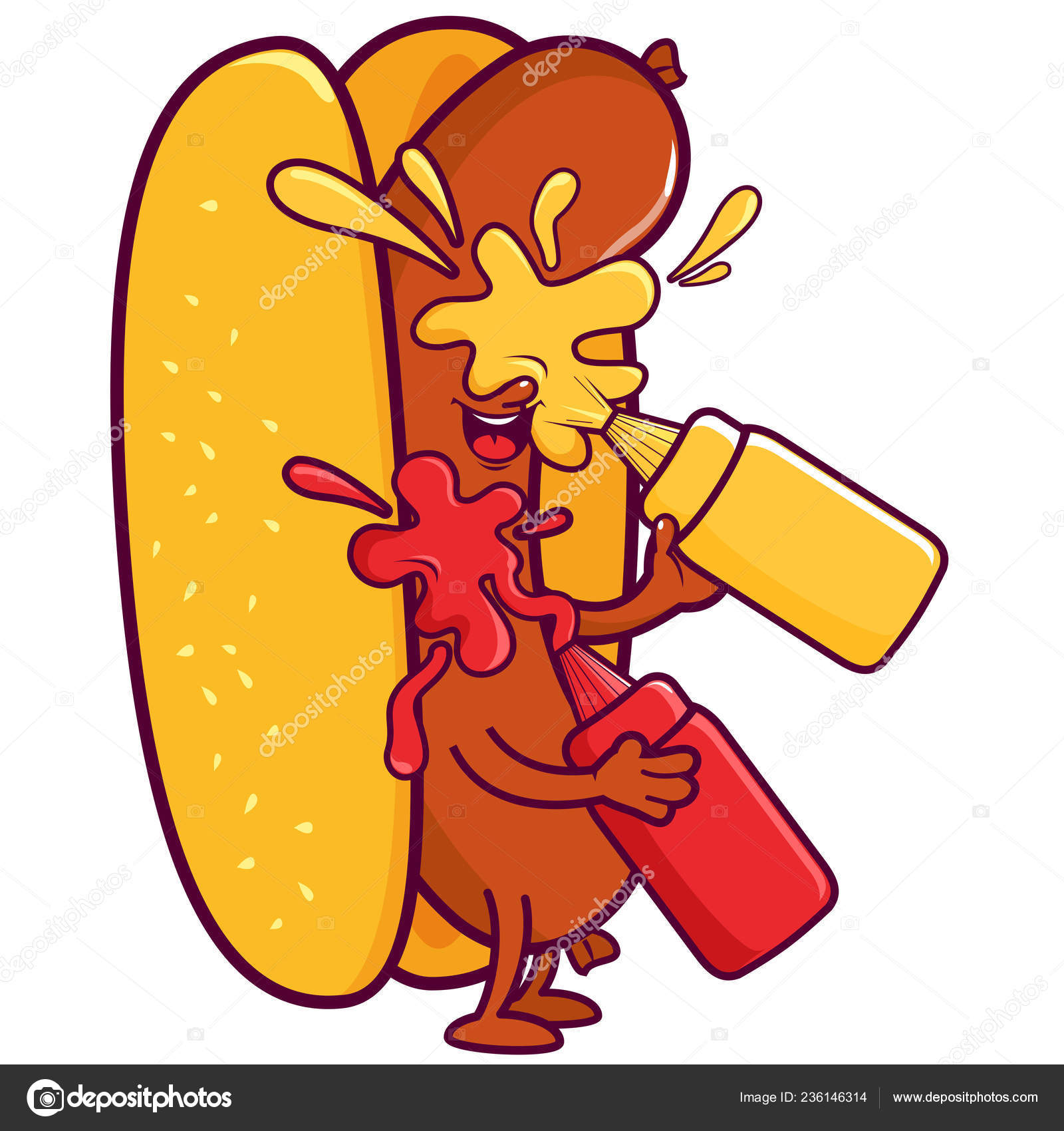 Vector Illustration Cartoon Hot Dog Character Holding Bottles Mustard  Ketchup Stock Vector Image by ©stockakia #236146314