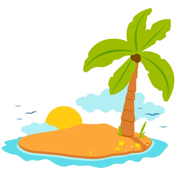 一个荒岛 有椰子树 太阳和贝壳 — 图库矢量图片