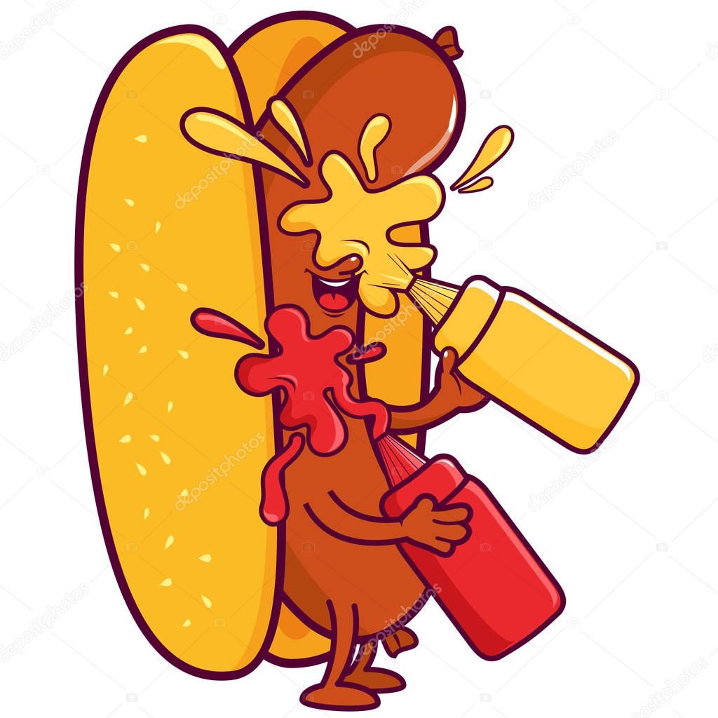 Vector Illustration of a cartoon hot dog character holding bottles of mustard and ketchup and splashing itself with sauces.