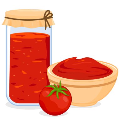 Sağlıklı ev yapımı domates sosu dolu bir kavanoz, bir kase domates sosu ve bir domates. Yemek pişirmek için ev yapımı domates ezmesi. Vektör illüstrasyonu