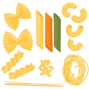 Farklı türde makarna koleksiyonu. Farfalle, penne, spagetti, makarna, orzo ve fusilli. İtalyan mutfağı. Vektör illüstrasyonu