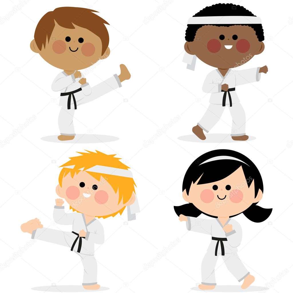 Group of children wearing martial arts uniforms: karate, Taekwondo, judo, jujitsu, kickboxing, or kung fu suits.