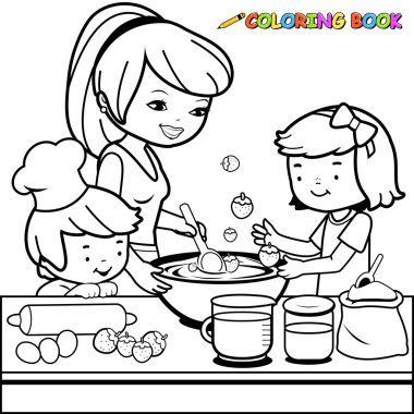 Anne ve çocukları mutfakta çilekli kek pişiriyor ve pişiriyorlar. Evde aile yemeği. Mutlu anne ve çocuklar, bir oğlan ve bir kız. Vektör siyah ve beyaz renk sayfası.
