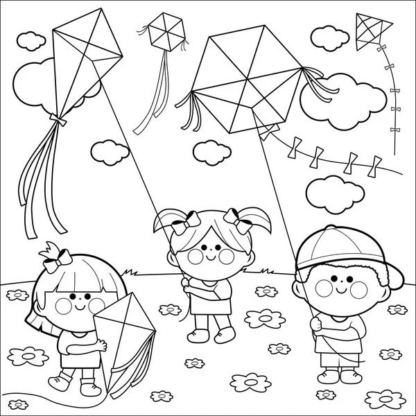 Children Flying Kites Black White Coloring Book Page — Stock Vector
