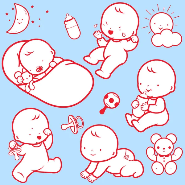 Iconos Ilustración Rutina Diaria Bebé Bebés Durmiendo Jugando Llorando Bebiendo — Vector de stock