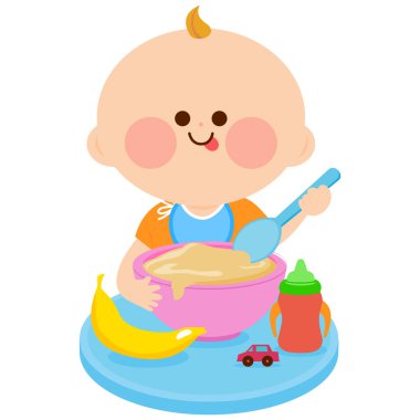 Küçük tatlı çocuk, bebek maması yiyor, sebze ve meyve püresi yiyor. Bir erkek bebek kahvaltısını mısır gevreği ve meyve yiyor. Vektör illüstrasyonu