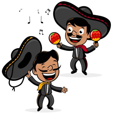 Meksikalı karikatür müzisyenleri sombrerolu adamlar marakas çalıp şarkı söylüyorlar. Cinco de Mayo parti kutlaması. Vektör illüstrasyonu