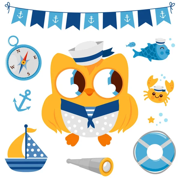 Schattig Vector Nautische Instellen Met Zeeman Uil Vogel Vectorillustratie — Stockvector