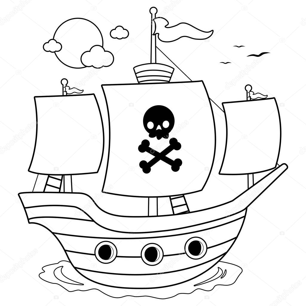 Pirate ship. Black and white coloring book page