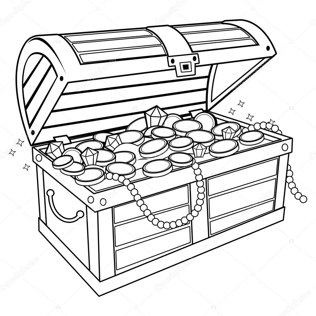 Treasure chest. Black and white coloring book page