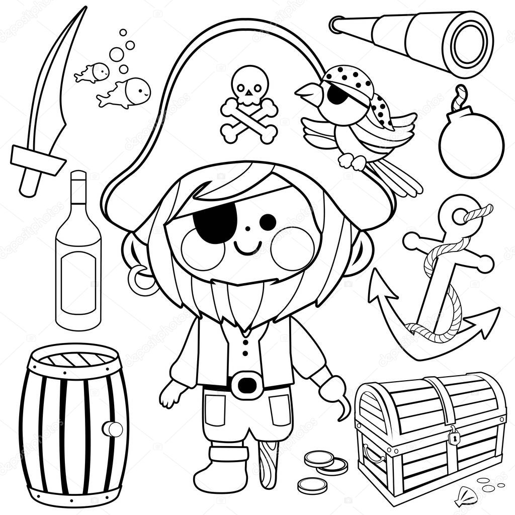 Pirate captain with a hook and a wooden leg and other pirate theme illustrations. Vector black and white coloring book page