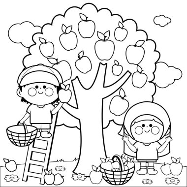 Vektör siyah beyaz resimde iki çocuk, bir çocuk ve bir elma ağacı altında elma toplama bir kız. Boyama kitabı sayfası.