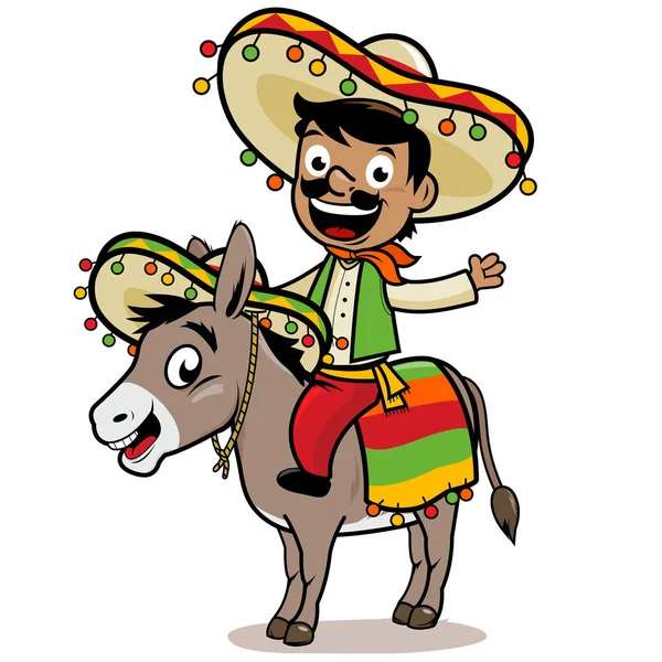 Illustration Vectorielle Homme Mexicain Portant Costume Traditionnel Sombrero Chevauchant Âne — Image vectorielle