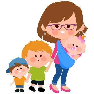 Bebek askısıyla bebeğini taşıyan ve çocuklarıyla yürüyen mutlu bekar bir anne. Çizgi film ailesi, çocuklu anne, küçük kız ve küçük oğlanlar. Vektör illüstrasyonu