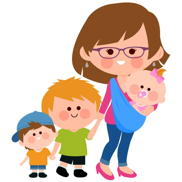Mutter Geht Mit Ihren Kindern Und Ihrem Baby Tragetuch — Stockvektor