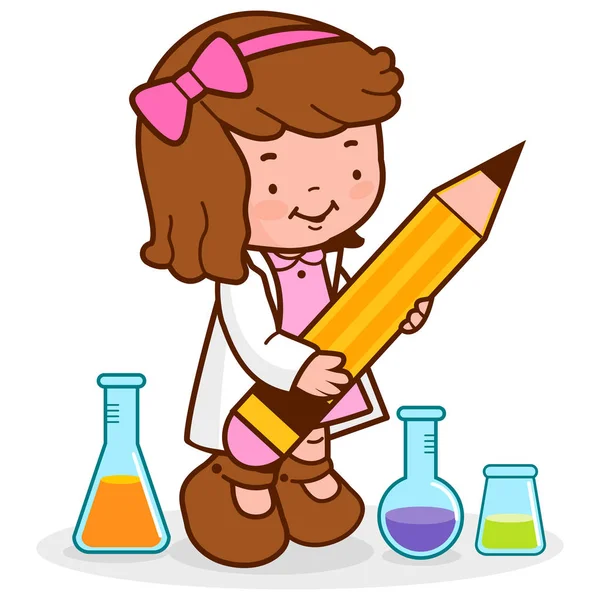 Κορίτσι στην τάξη επιστήμη κρατώντας ένα μεγάλο μολύβι. — Διανυσματικό Αρχείο