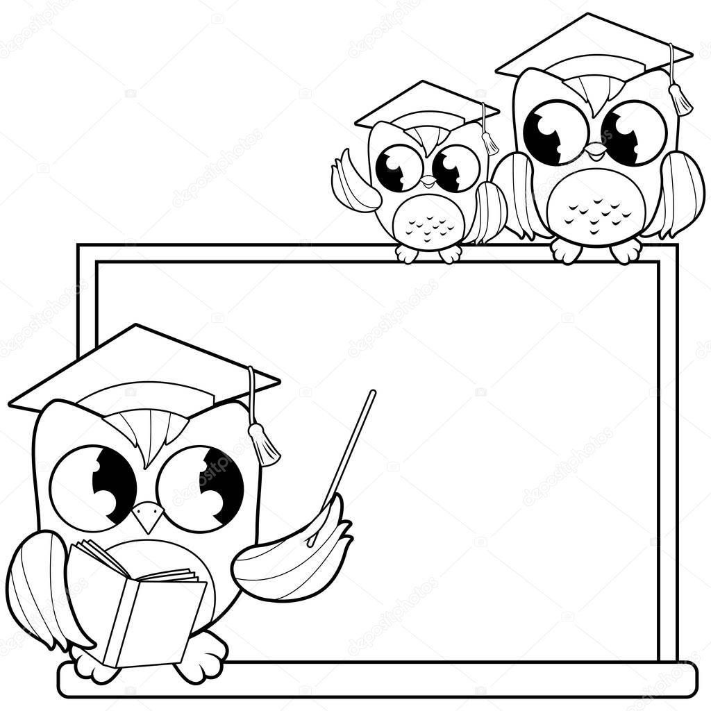 Owl teacher pointing at chalkboard and students at classroom. Black and white coloring book page 