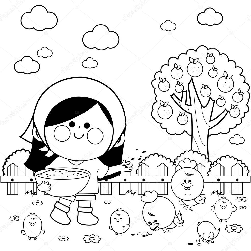 Vettoriale stockUna ragazza alla fattoria che da 'da mangiare ai polli.  Libro da colorare pagina di ©stockakia #252270188, image size:1024x1024