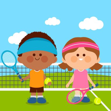 Çocuklar tenis oynuyor. Vektör çizim