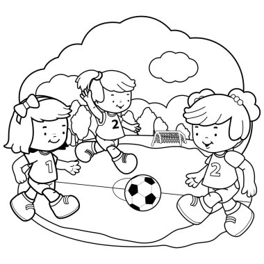 Kızlar futbol oynamak. Vektör boyama kitabı sayfa siyah ve beyaz