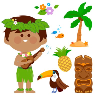 Hawaiian çocuk gitarı ile müzik. Vektör Hawaii toplama