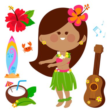Hawaiian hula dans eden kız. Vektör Hawaii toplama
