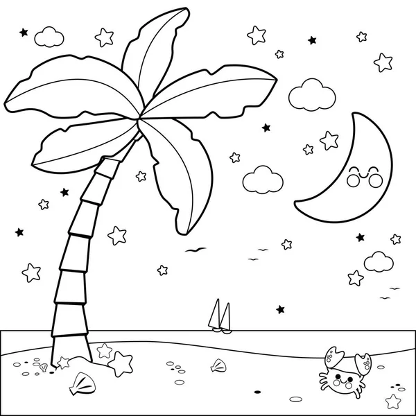 Praia tropical com palmeira à noite. Página de livro para colorir preto e branco —  Vetores de Stock