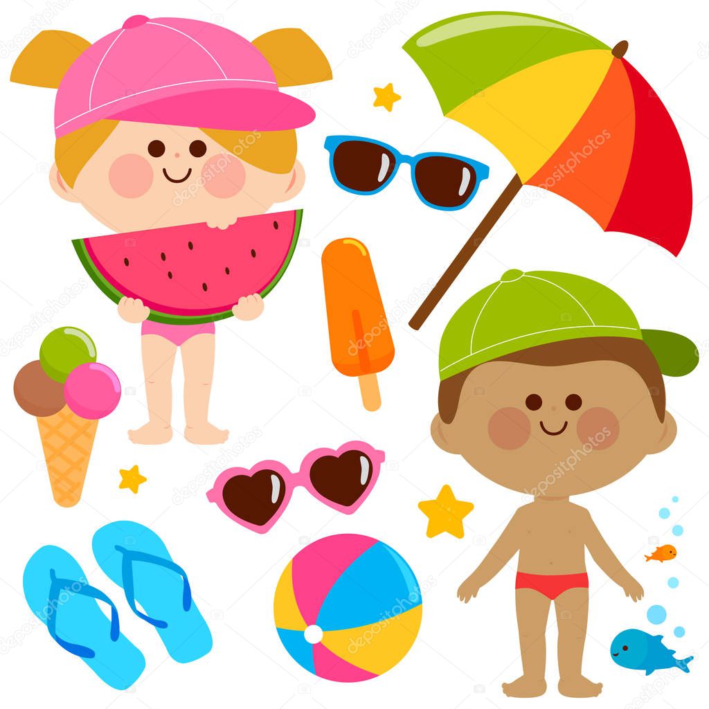 Children with swimsuits and hats. Beach summer vacation design elements. 