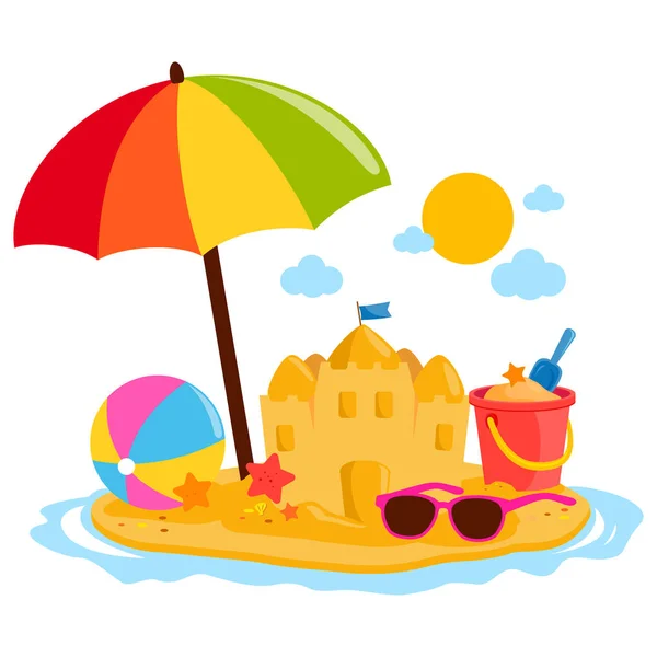 Ilha de férias de verão com guarda-chuva de praia, um castelo de areia e outros brinquedos de praia . —  Vetores de Stock