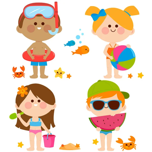 Niños con trajes de baño jugando en la playa. Colección vectorial — Vector de stock