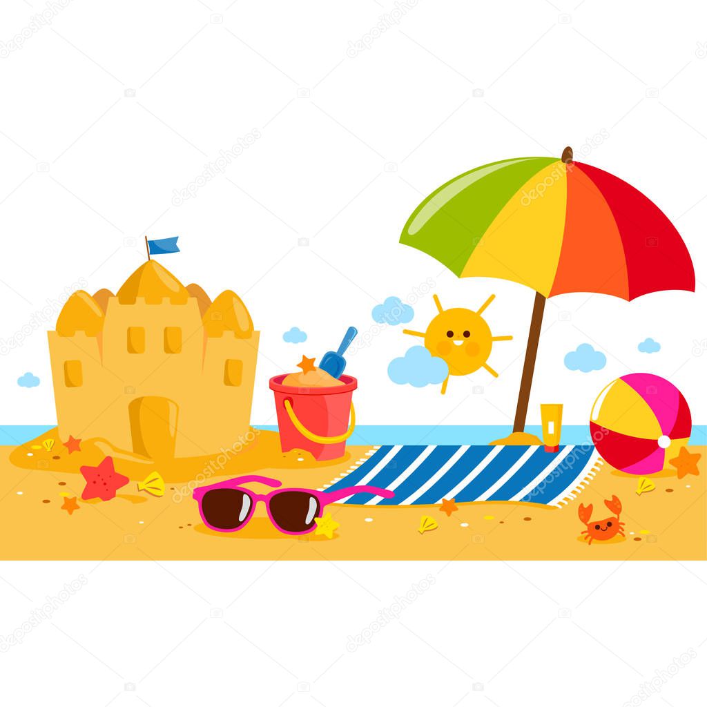 Summer vacation island banner with beach umbrella, towel, a sandcastle and other beach toys. 