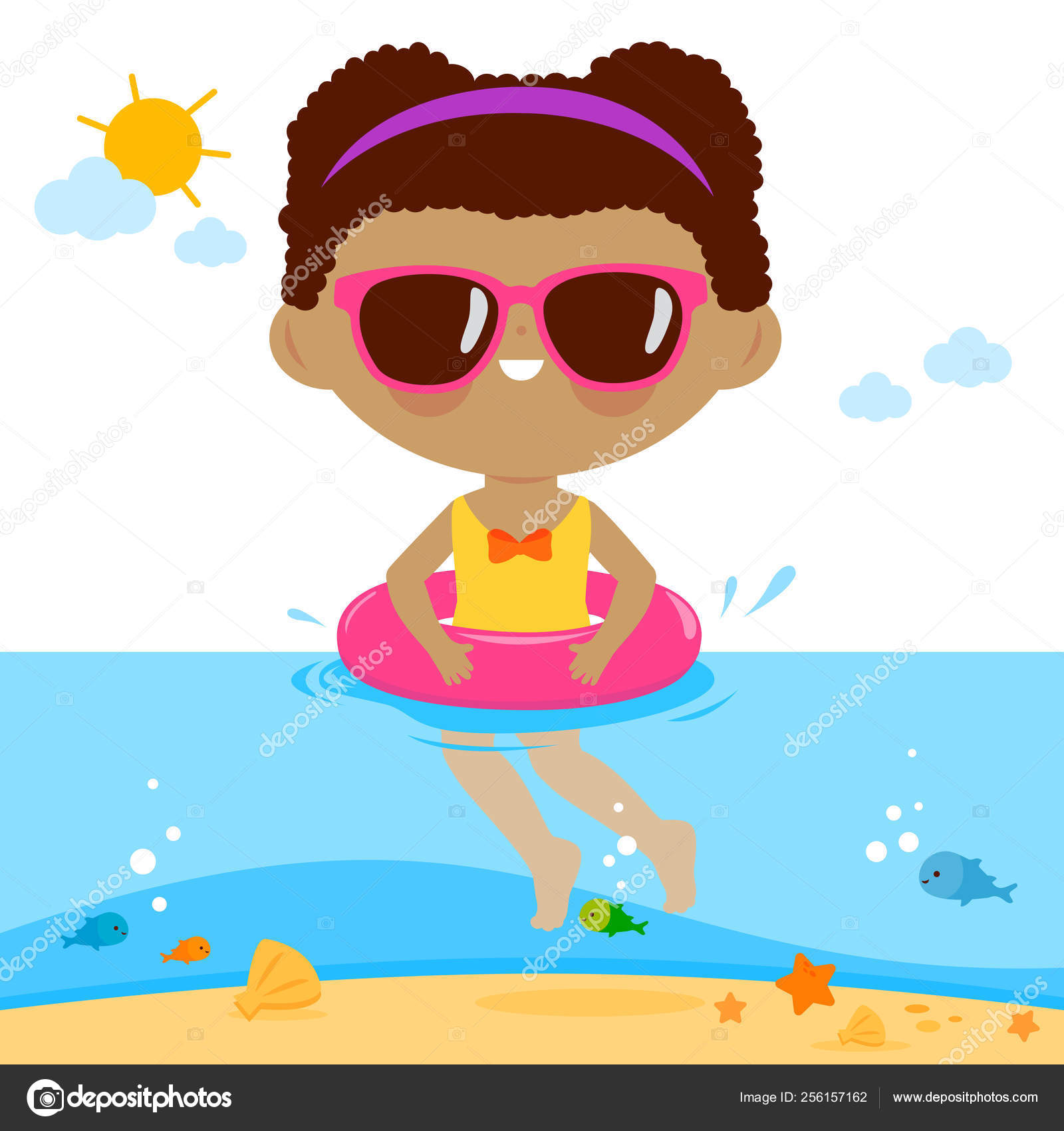 바다에서 수영 하는 팽창 식 고무 반지를 가진 소녀. 스톡 벡터 - ©stockakia 256157162, image size:1600x1700