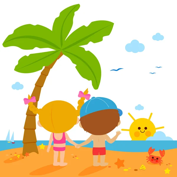 Vista trasera de los niños en la playa bajo una palmera — Vector de stock